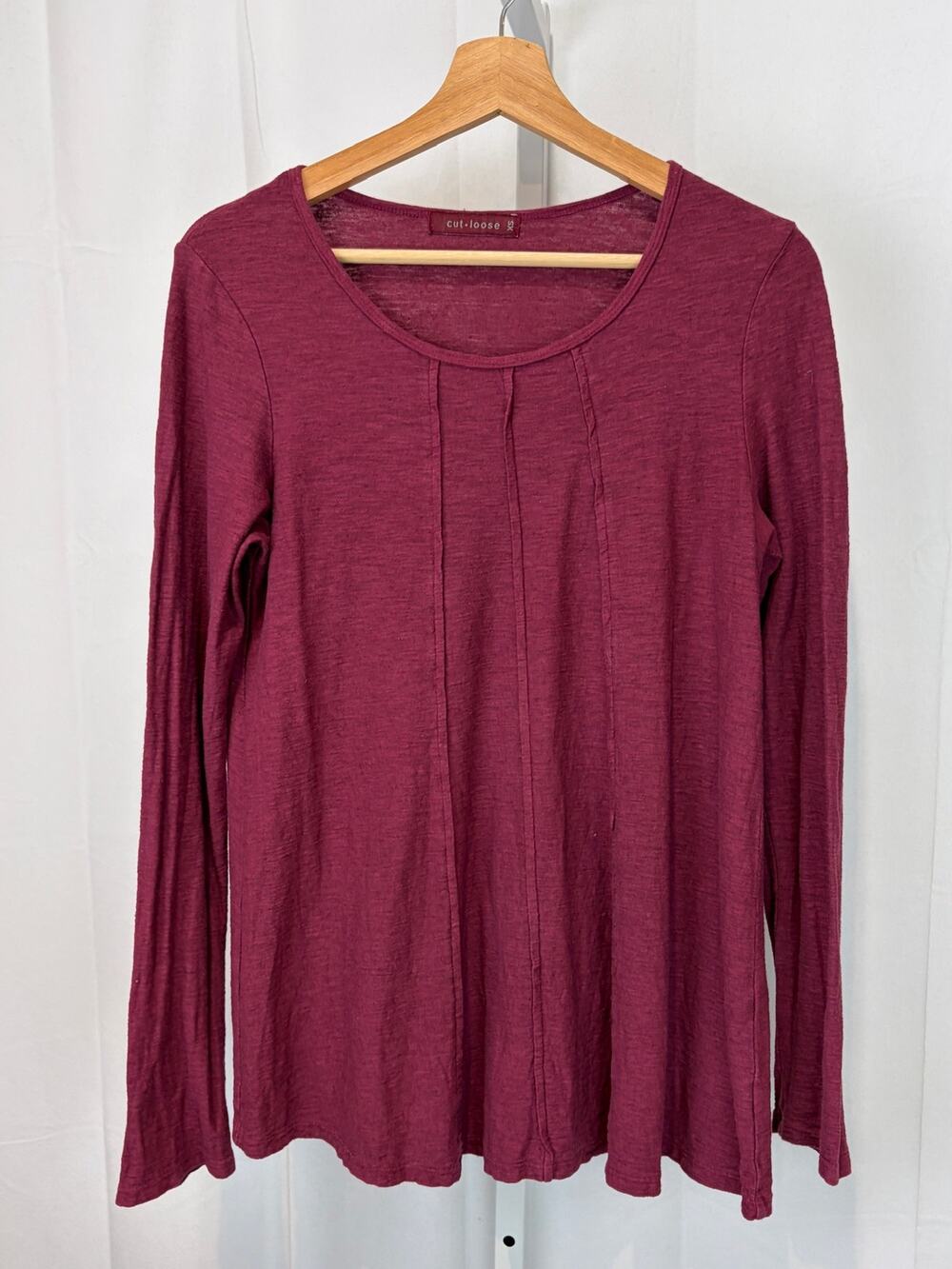 CUT LOOSE Pintuck Pleat Long Sleeve Top Cotton Linen Wine Red Size XS